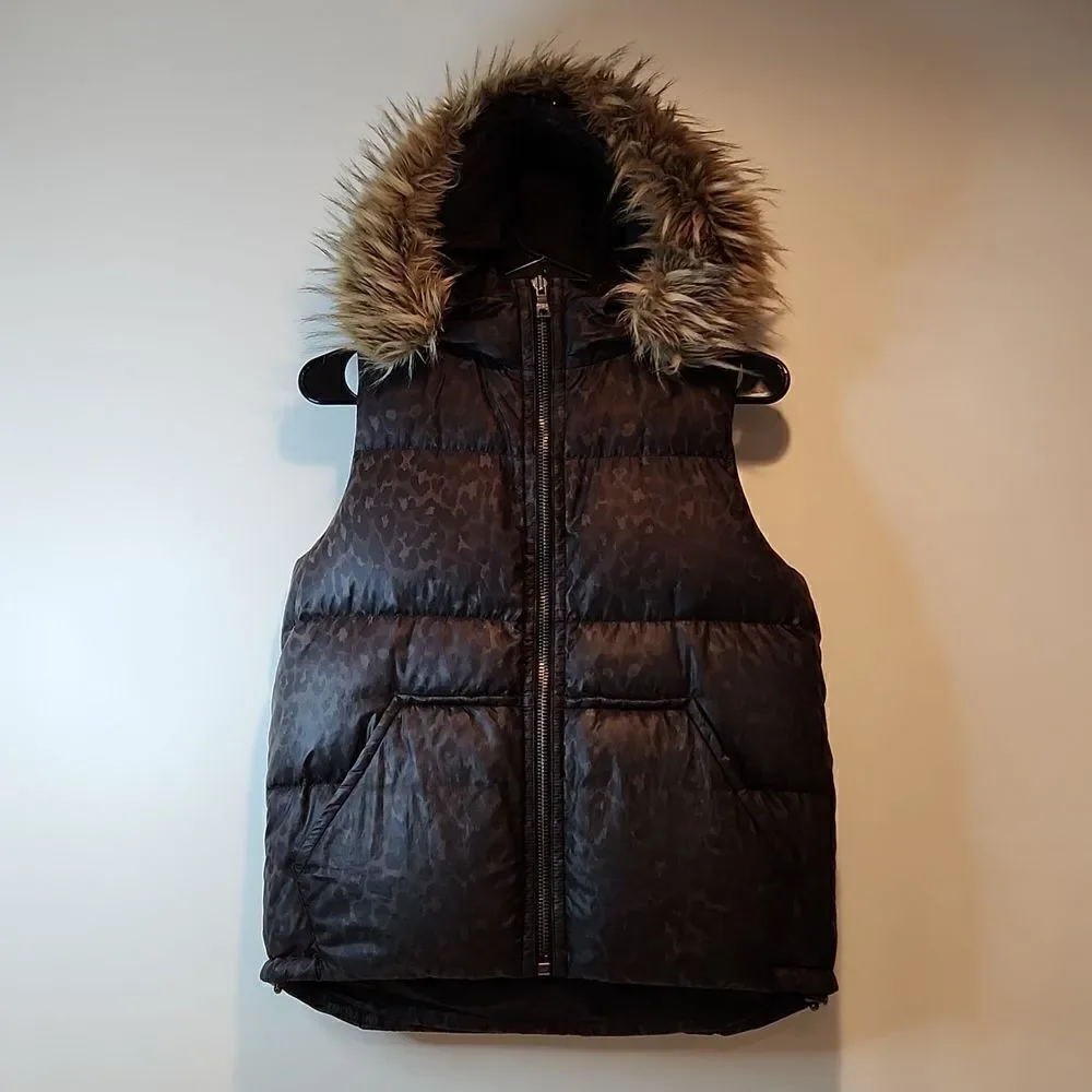 Authentic Coach Womens Animal Print Down Puffer Faux Fur Hoodie Vest Sz XS Brown